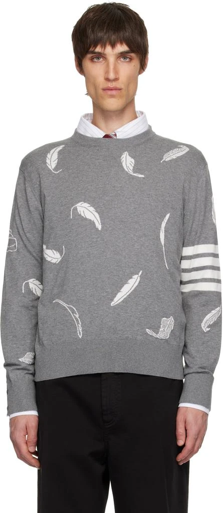 Thom Browne Gray Feather Intarsia Relaxed Fit Crew Neck Sweater 1