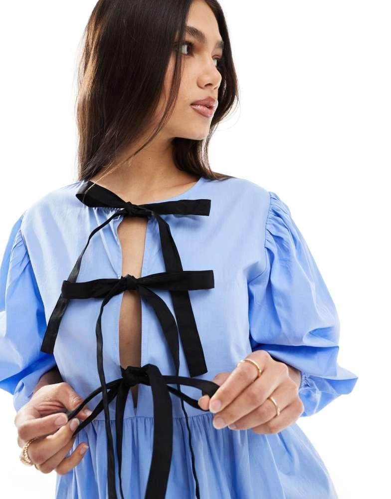 ASOS ASOS DESIGN bow tie front mini smock dress in sky blue 2
