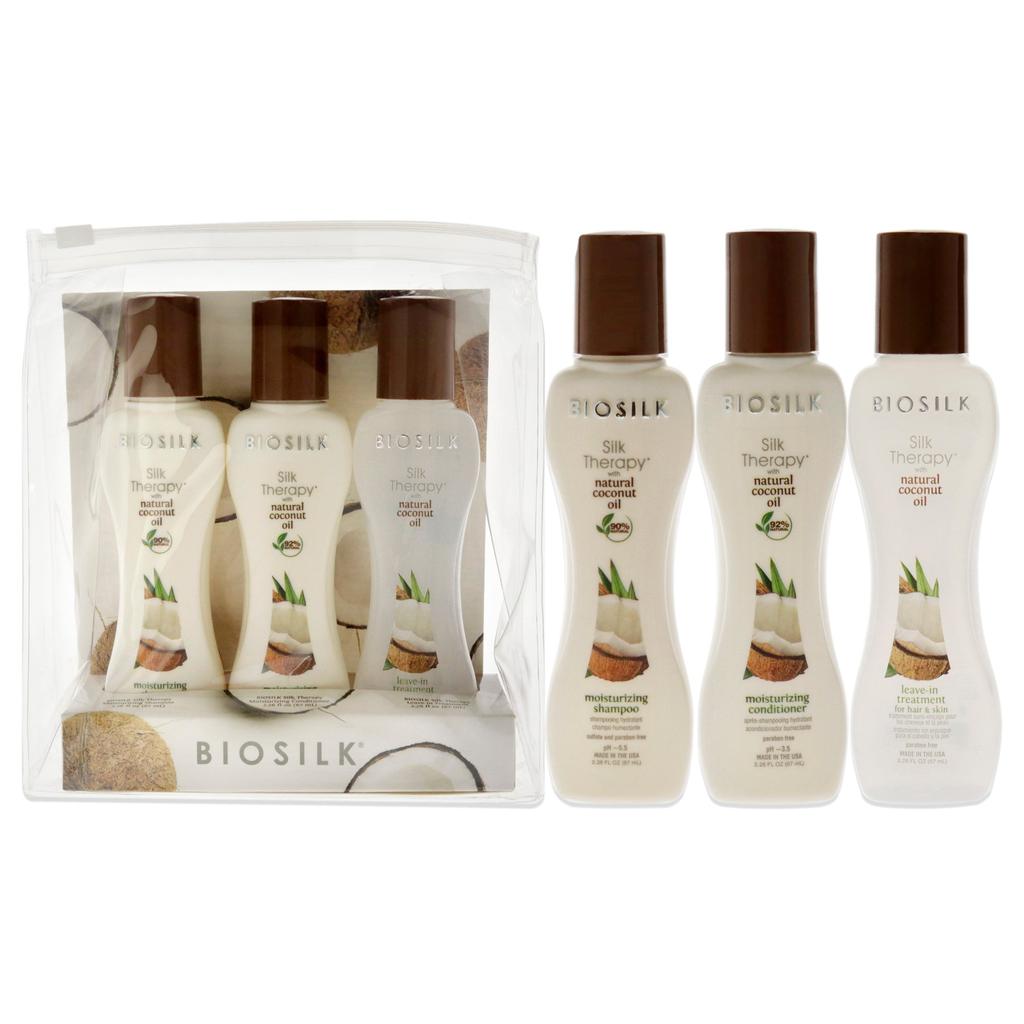Biosilk Silk Therapy With Natural Coconut Oil Set by  for Unisex - 3 Pc 2.26oz Moisturizing Shampoo, 2.26oz Moisturizing Conditioner, 2.26oz Leave-In Treatment