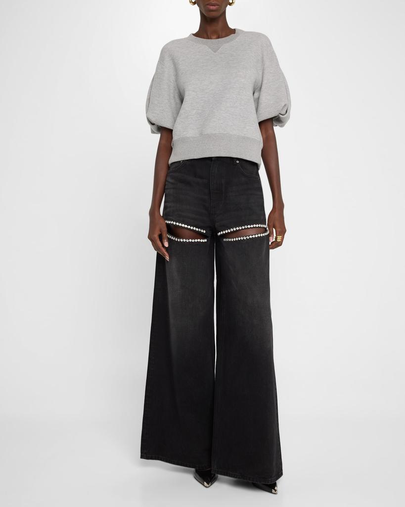 AREA Crystal Cutout Slit Straight Leg Jeans