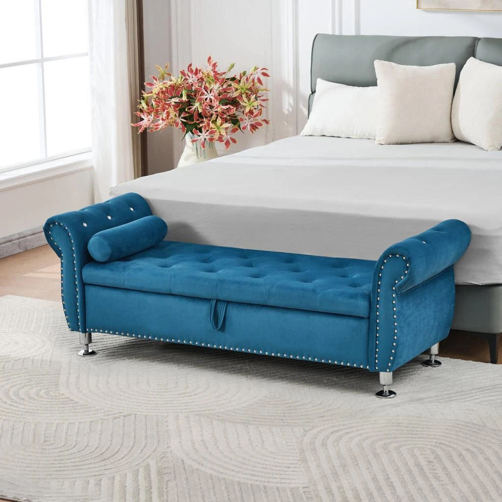 Streamdale Furniture Streamdale Blue 62.2" Soft Velvet Storage Bench with Crystal Buttons 
Pillow 5