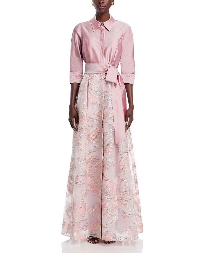 Teri Jon Taffeta Metallic Tie Waist Shirt Dress Gown 7