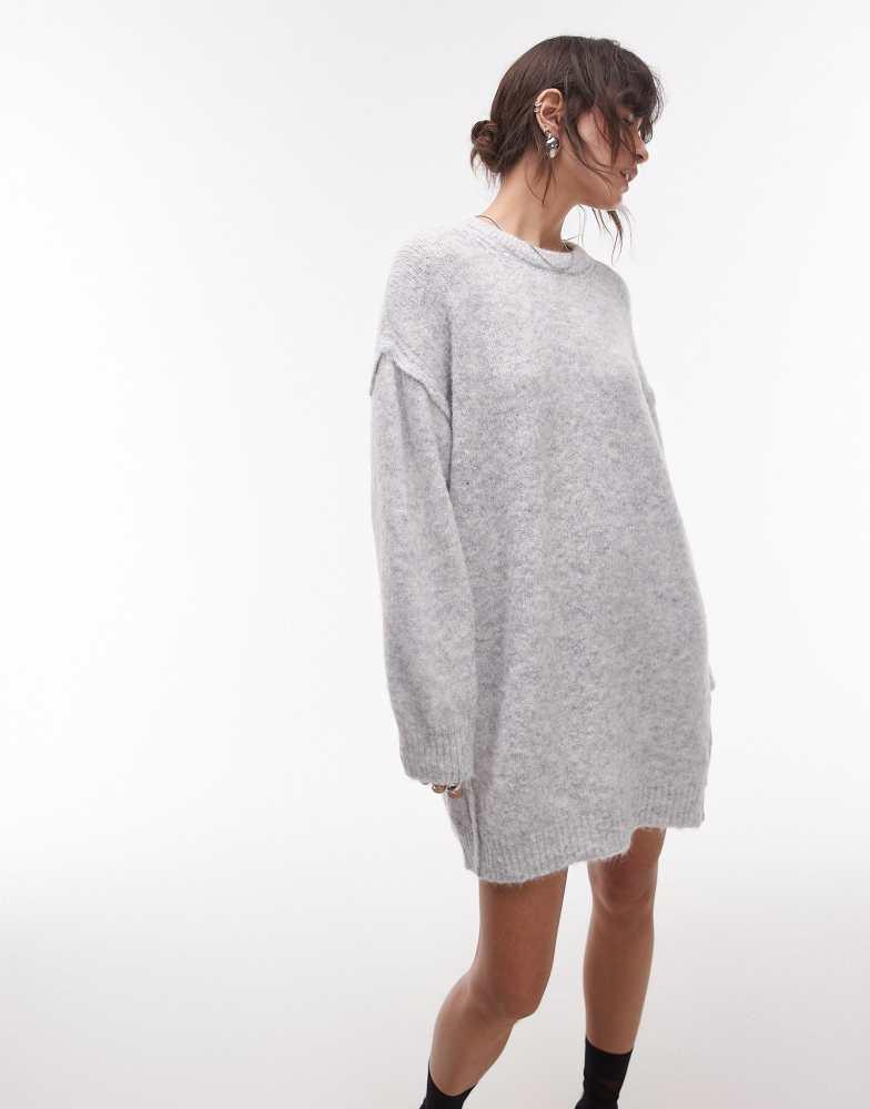 Topshop Topshop knitted oversized crew mini dress with exposed seam detail in ice grey