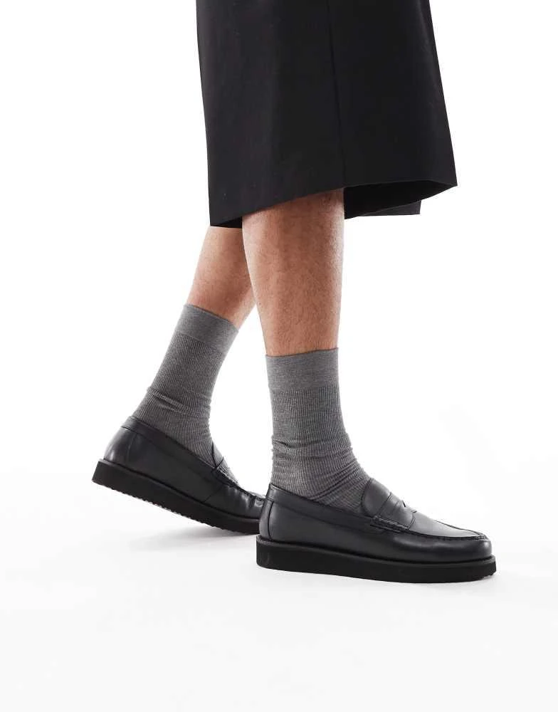 Shop ASOS DESIGN loafers in black leather with wedge sole on  display picture 2