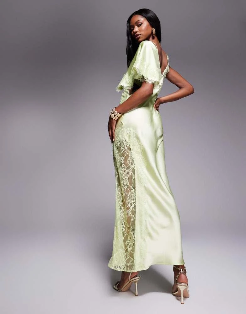 ASOS Design satin one shoulder maxi dress with lace trim in sage green ASOS Design satin one shoulder maxi dress with lace trim in sage green