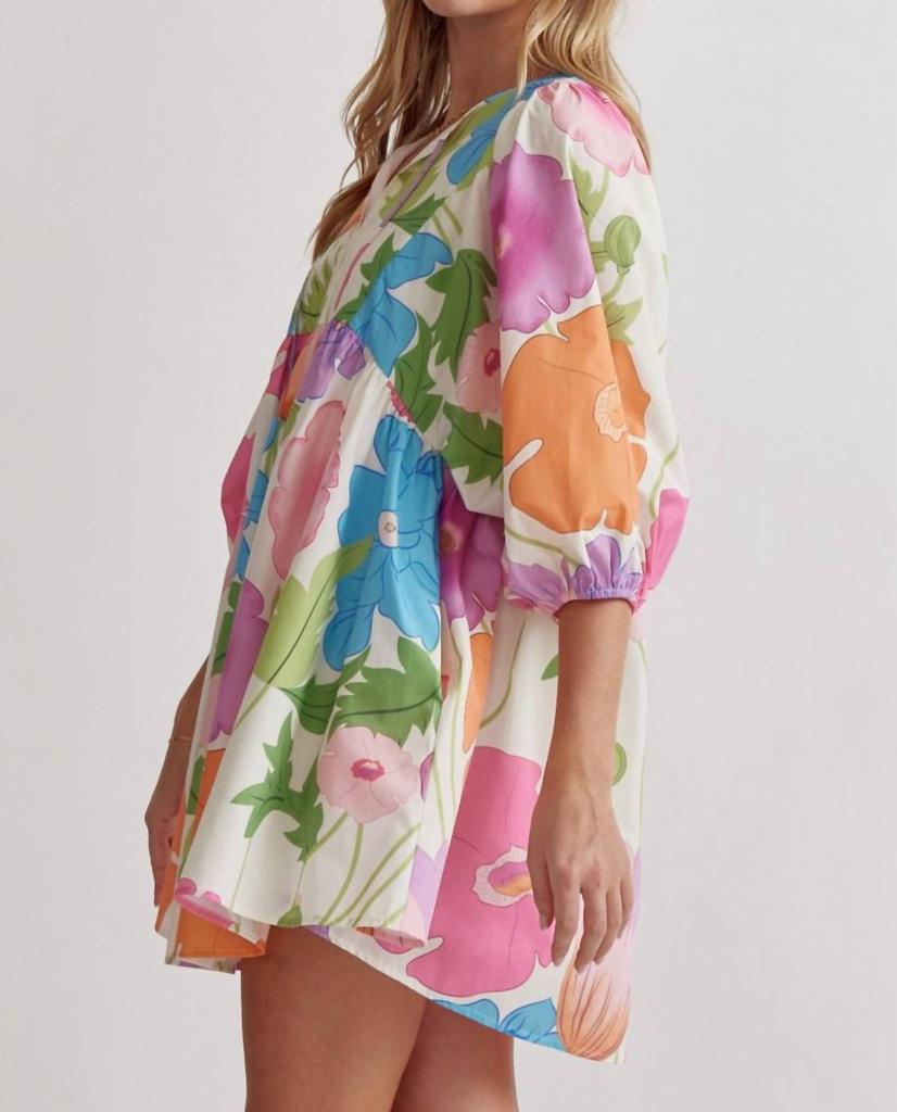 Entro Blossom Burst Vibrant Floral Mini Dress In Off White