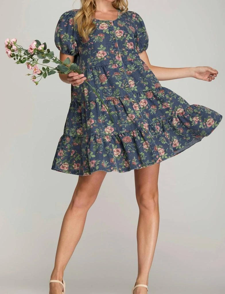SHE + SKY She + Sky - Puff Sleeve Button Down Tiered Print Denim Dress