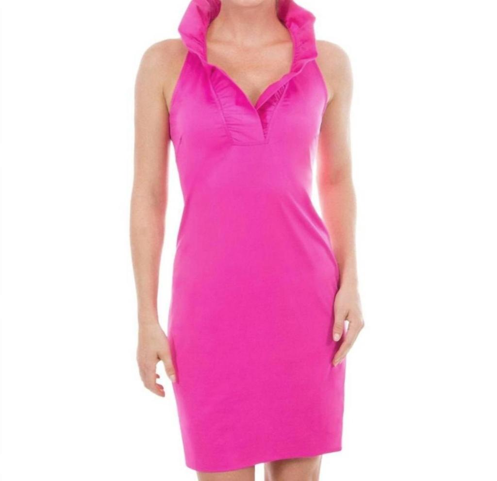 Gretchen Scott Ruffle Neck Solid Jersey Sleeveless Dress In Hot Pink