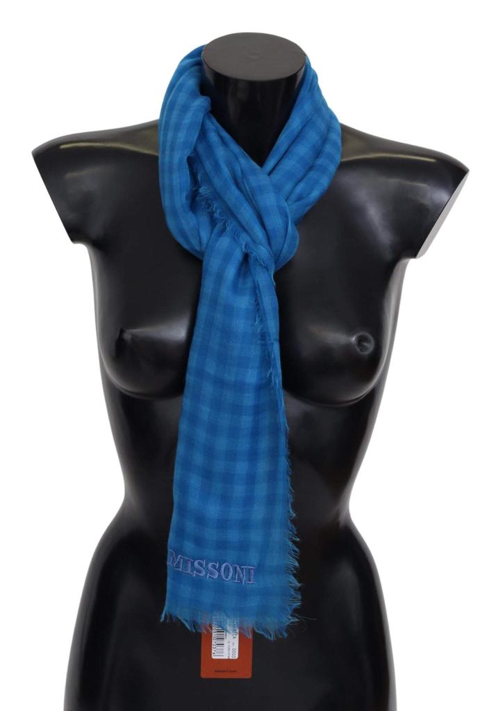 Missoni Missoni Blue Checkered Cashmere Unisex Wrap Fringes Scarf