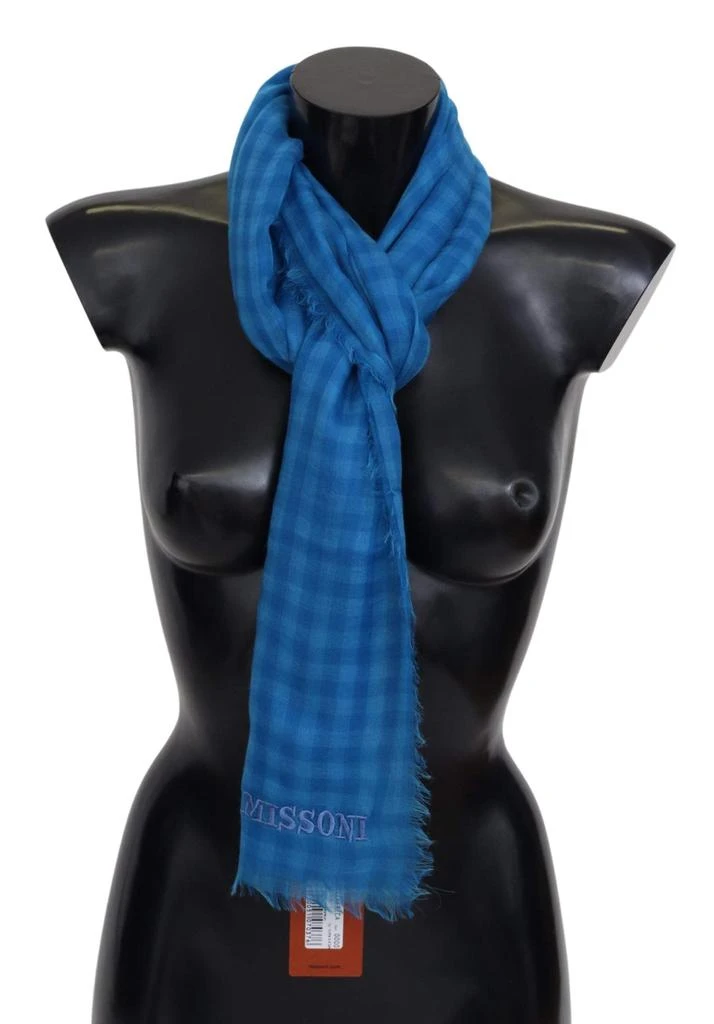 Missoni Missoni Blue Checkered Cashmere Unisex Wrap Fringes Scarf 1