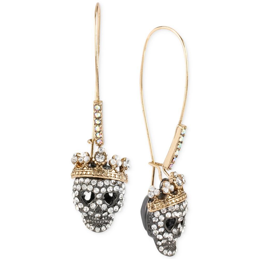 Betsey Johnson Two-Tone Pavé Skull Long Drop Earrings