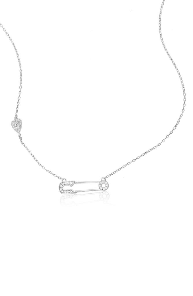 ADORNIA White Rhodium Plated Safety Pin Heart Necklace
