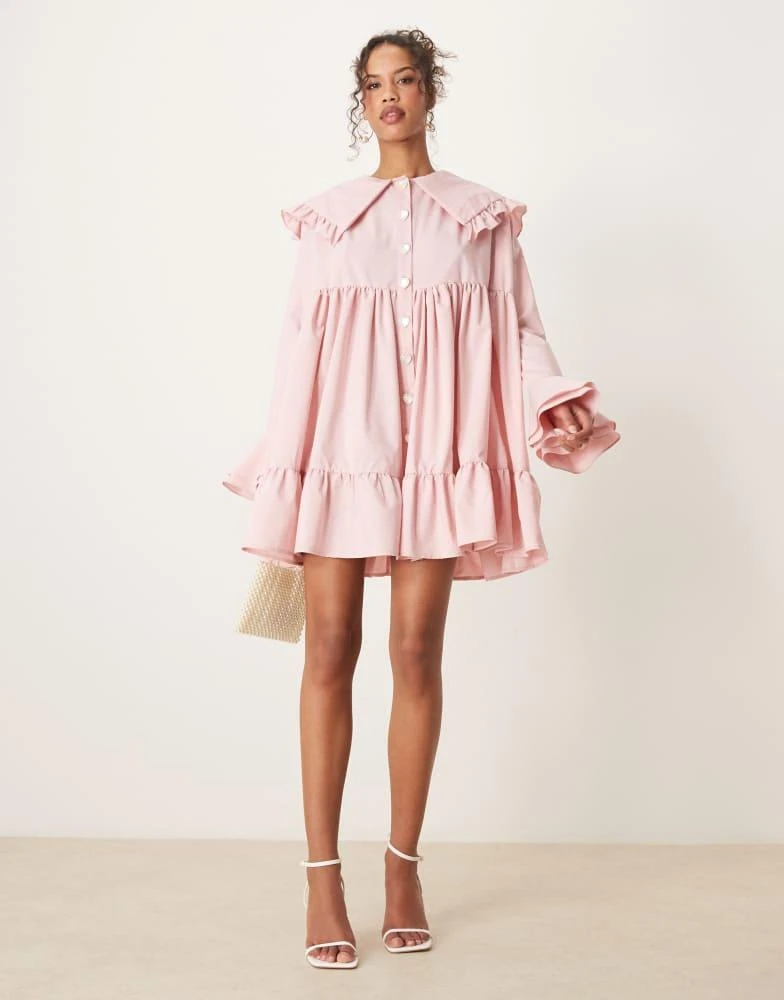 Sister Jane Sister Jane oversized collar frill mini dress with heart button detail in light pink 3