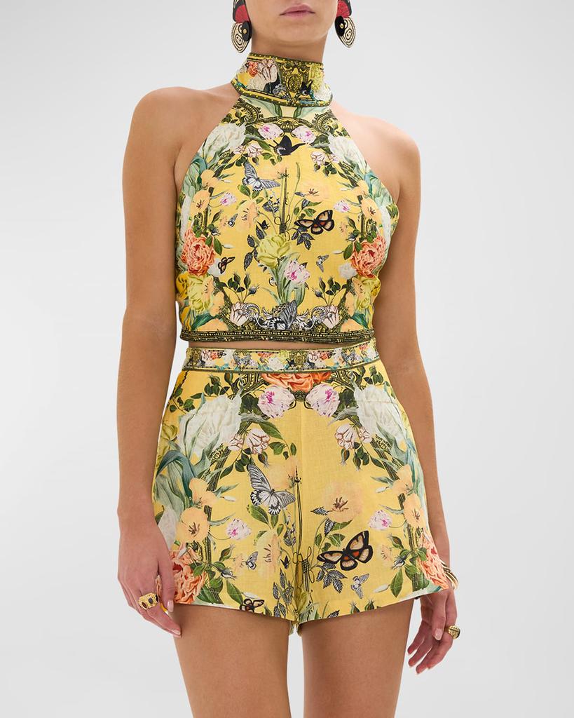 Camilla Floral Linen Halter Tie-Back Top