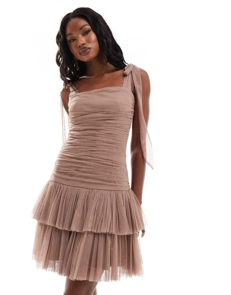 Lace & Beads Lace & Beads ruched bow shoulder tulle mini dress in rose brown 1