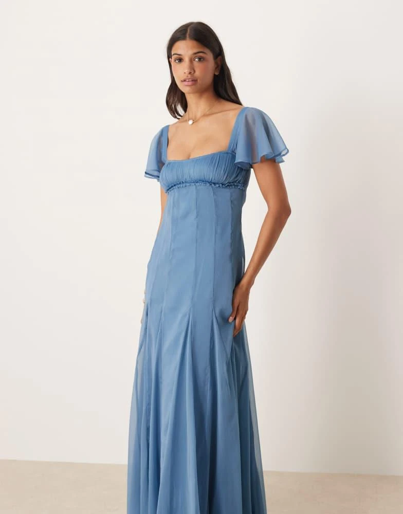 Shop ASOS DESIGN ruched bust flutter sleeve midaxi dress with godets in  slate blue on Sale at BeyondStyle  Get 26% Off ASOS DESIGN ruched bust  flutter sleeve midaxi dress with godets