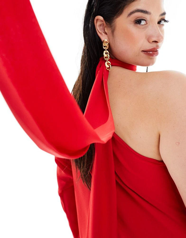 ASOS ASOS DESIGN Curve exclusive one sleeve tie neck maxi dress with batwing detail in red 2