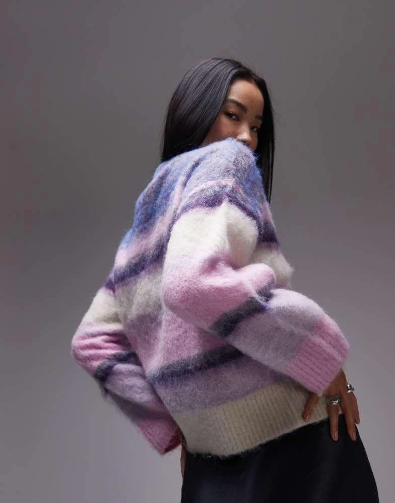 Topshop Topshop knitted fluffy stripe relaxed jumper in purple stripe 4