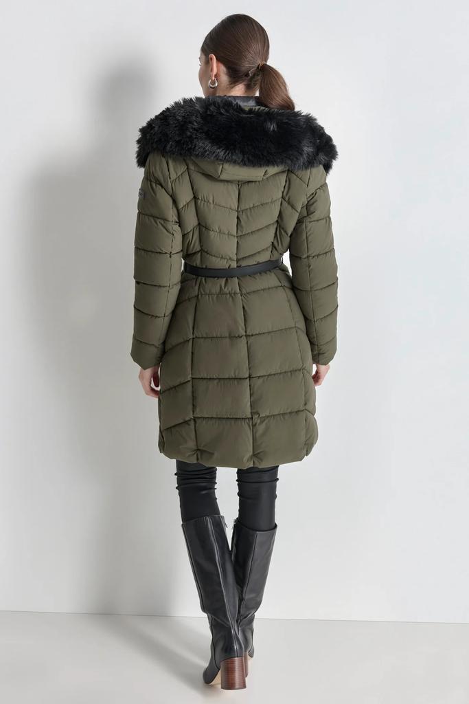 DKNY BIBBED FAUX-FUR HOODED PUFFER