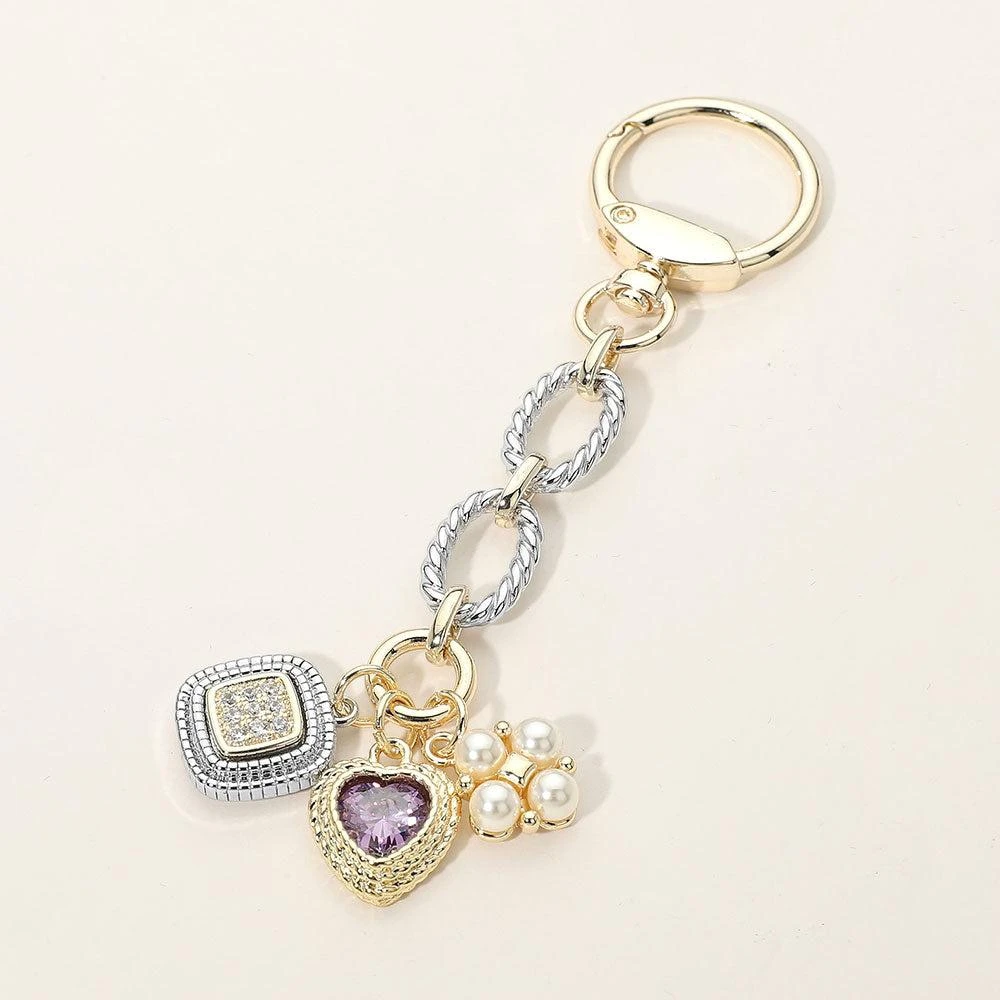 FASHNZFAB 14K Gold Plated CZ Heart Square Pearl Cluster Charm Drop Keychain Bag Charm