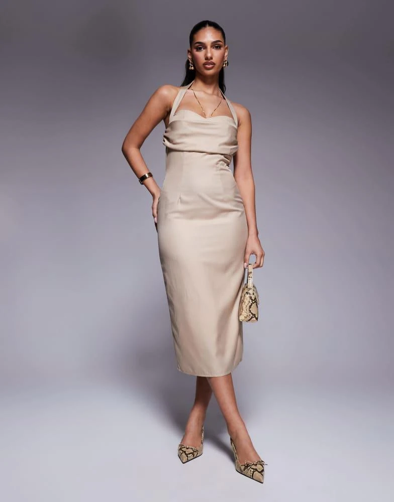 Kaiia Kaiia exclusive tailored drape bust detail halterneck open back midaxi dress in stone pinstripe 1