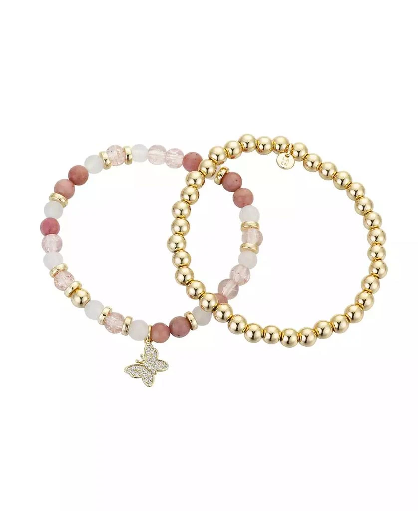 Unwritten 14K Gold Flash-Plated Pink Stone And Gold Bead Butterfly Bracelet Duo