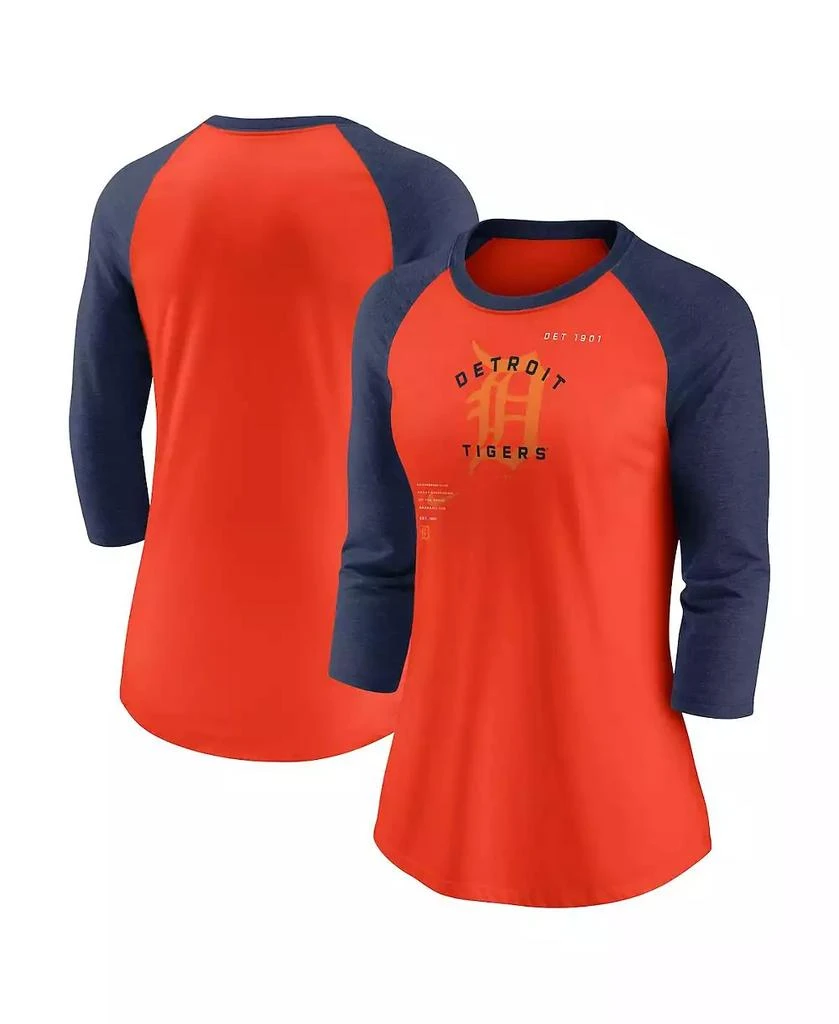 Nike Women's Orange, Navy Detroit Tigers Next Up Tri-Blend Raglan 3/4 -Sleeve T-shirt 1