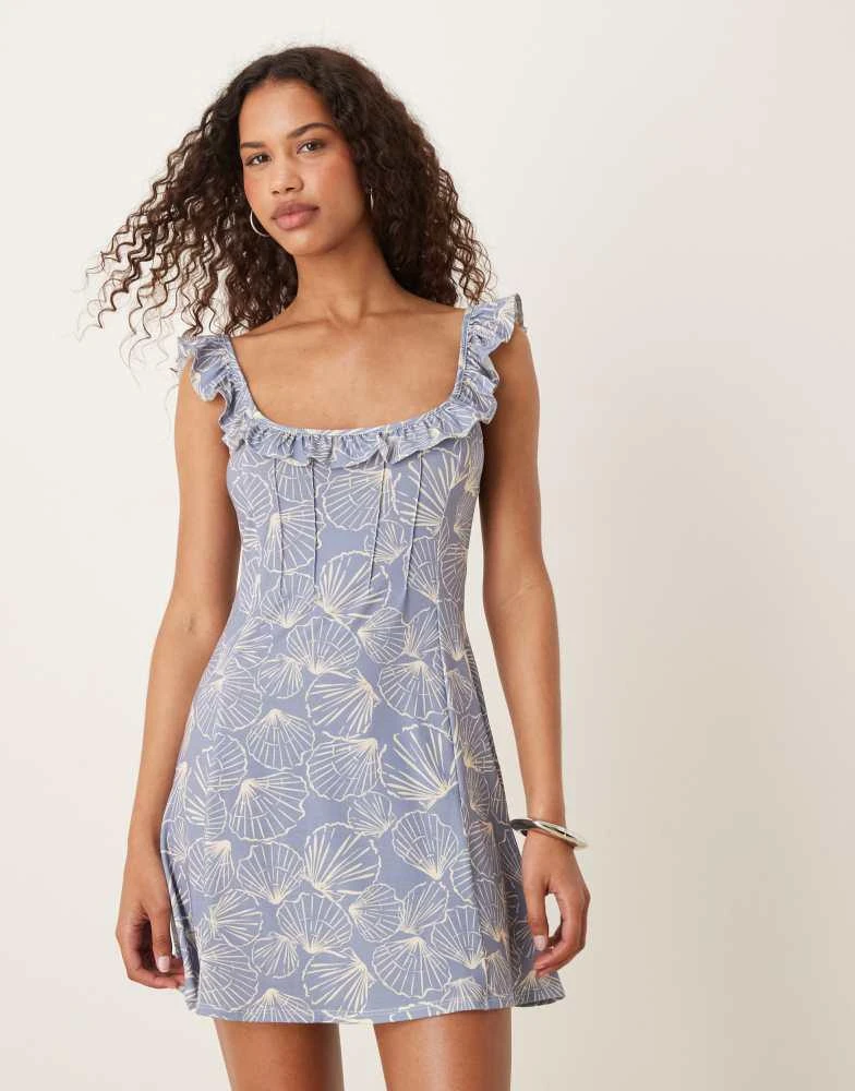 ASOS ASOS DESIGN frill front and straps mini dress in blue seashell print