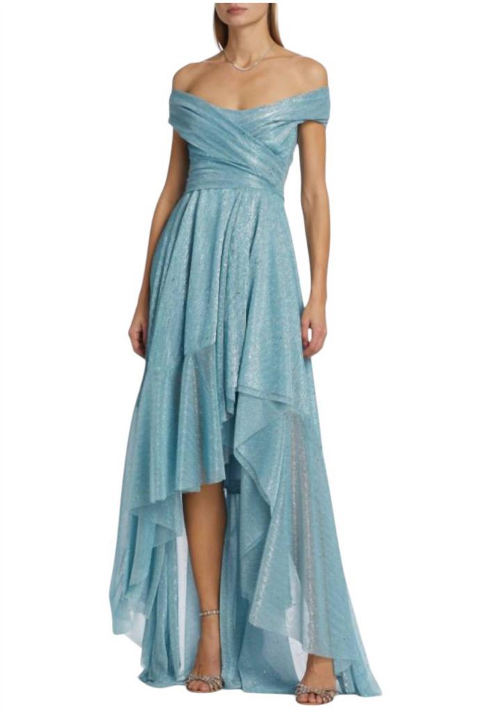 Talbot Runhof Talbot Runhof - Holunder Sprinkled Metallic Off Shoulder High-Low Dress Gown