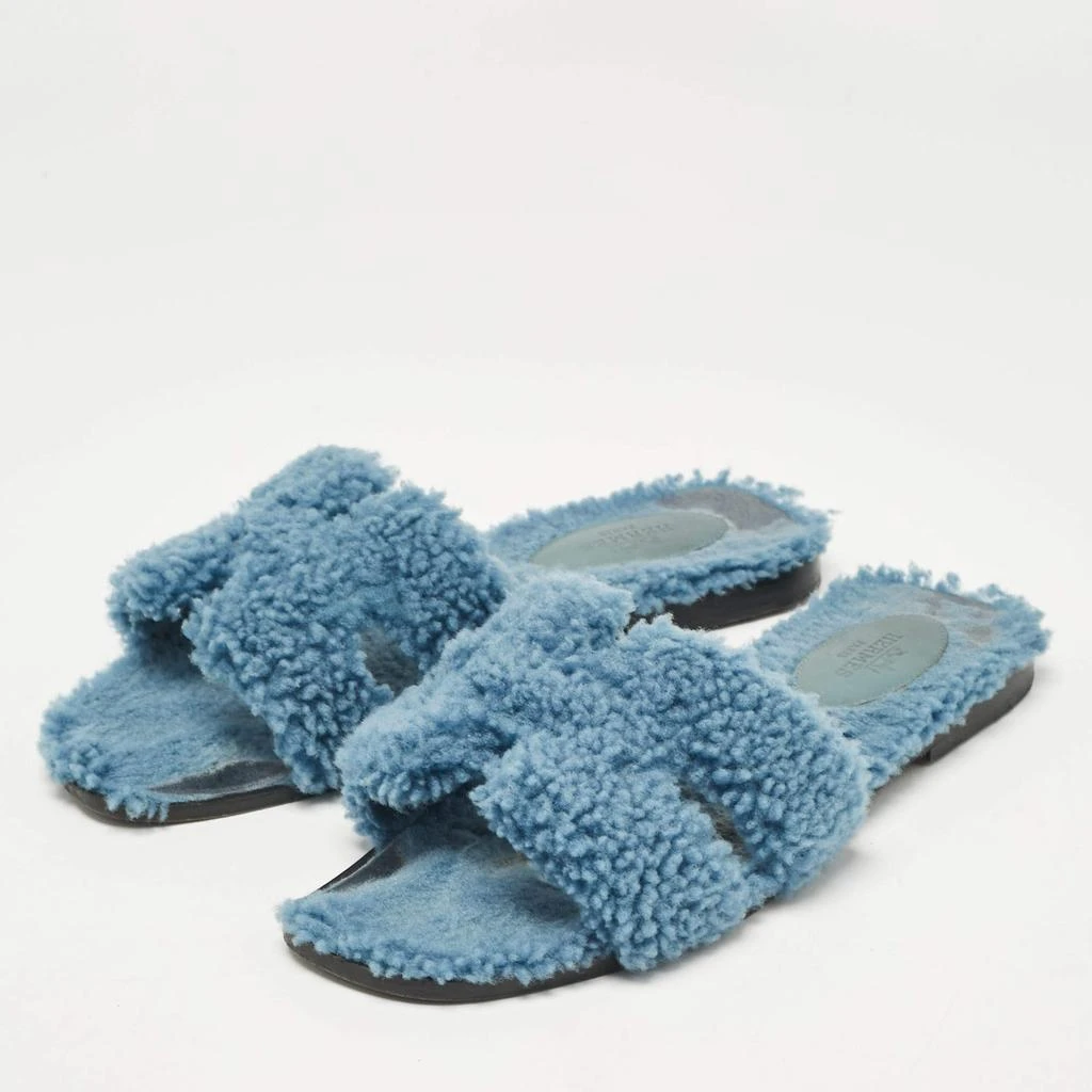 Hermes Hermes Blue Shearling Fur Oran Flat Slides Size 37 3