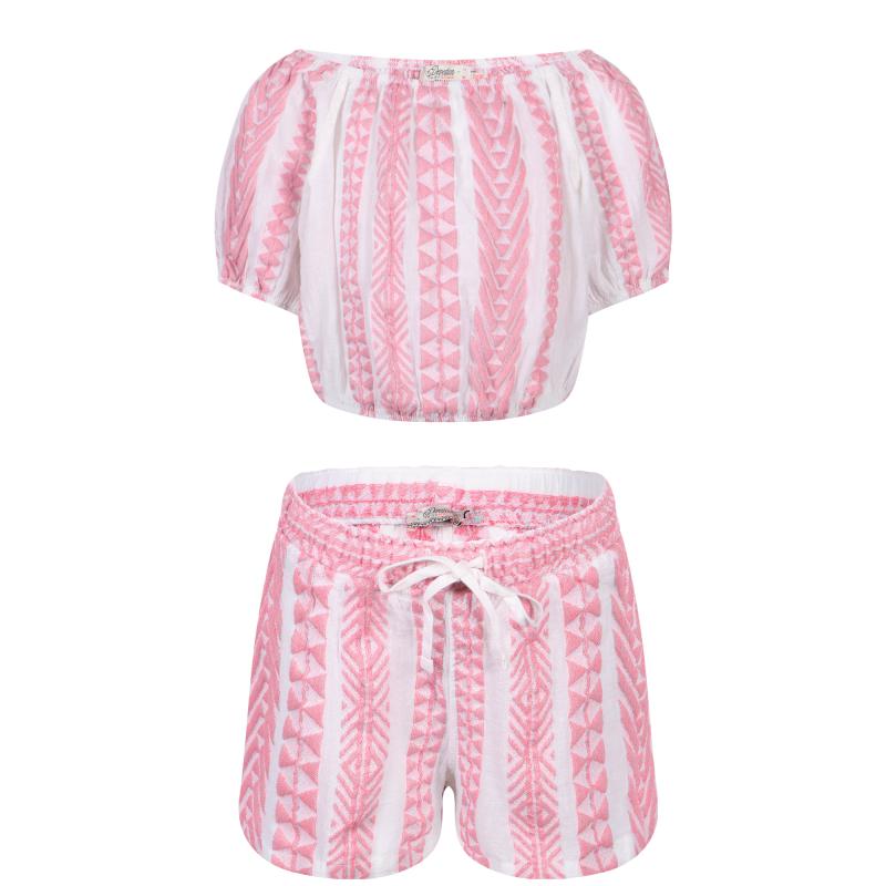 Devotion Geometric print cold shoulders cropped blouse and shorts set in pink and white