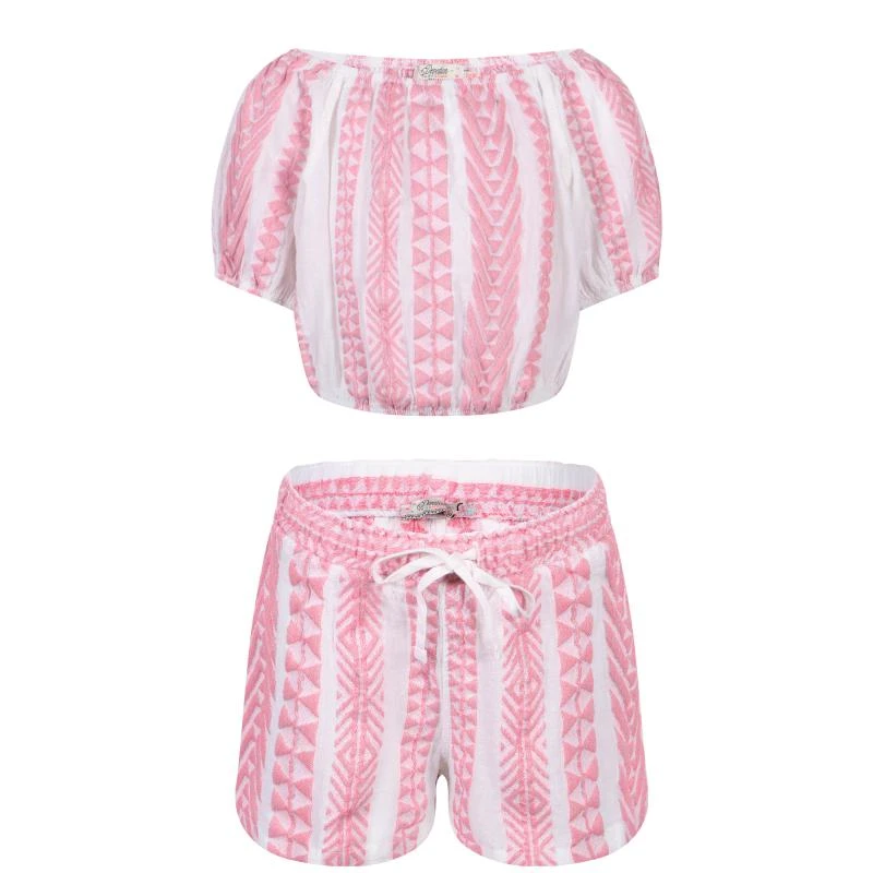 Devotion Geometric print cold shoulders cropped blouse and shorts set in pink and white from undefined