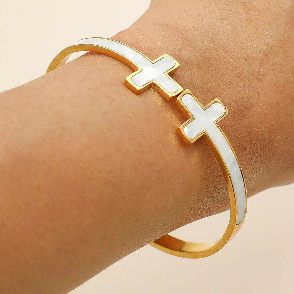 FASHNZFAB Stainless Steel Mother of Pearl Double Cross Tip Hinged Bangle Bracelet