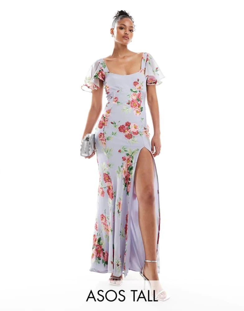 ASOS ASOS DESIGN Tall flutter sleeve maxi dress with lace insert in blue burnout floral print 1