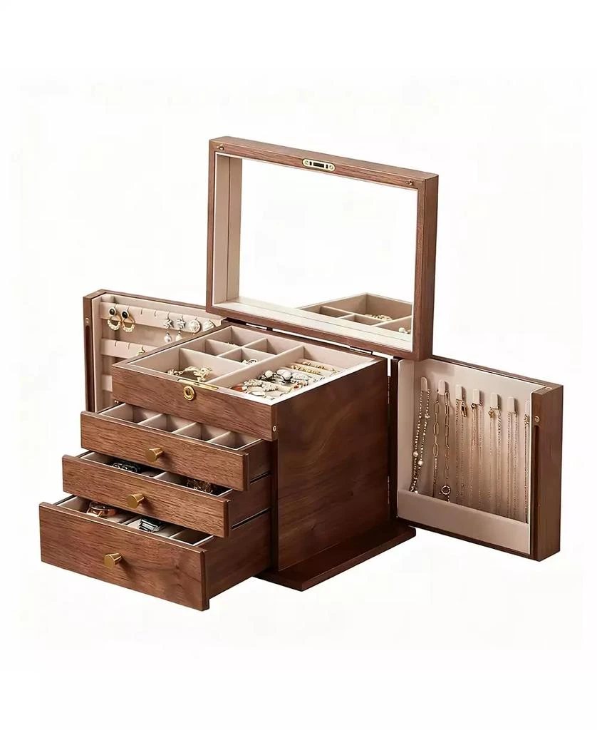 YIGII Luxury Walnut Jewelry Organizer with Mirror and Lock