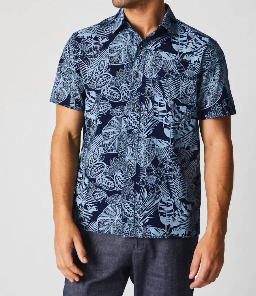 Billy Reid Short Sleeve Treme Block Shirt In Indigo Botanical
