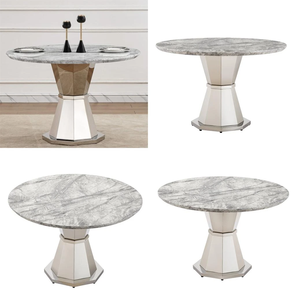 Streamdale Furniture Streamdale 47" Round Marble Dining Table with Stainless Steel Base (Sliver, Gray) 5