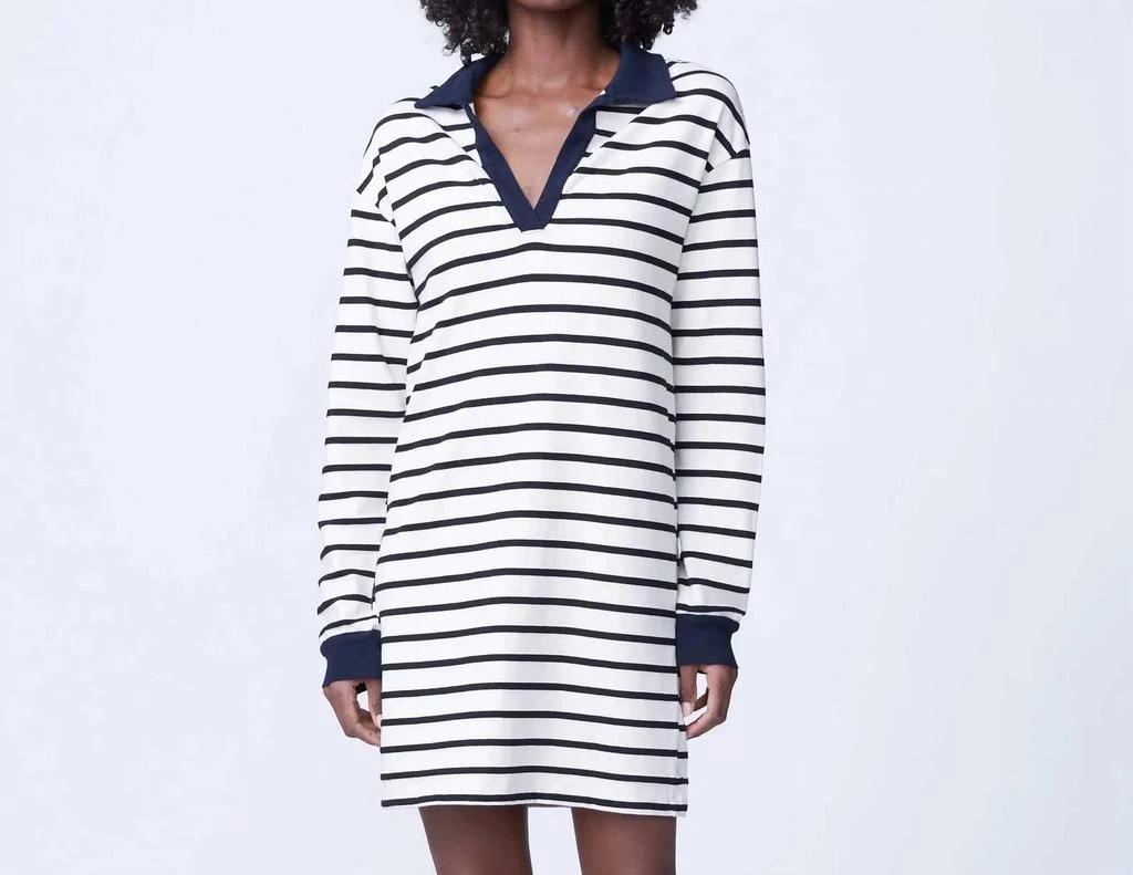 Monrow Stripe Relaxed Polo Dress In Natural/black 3
