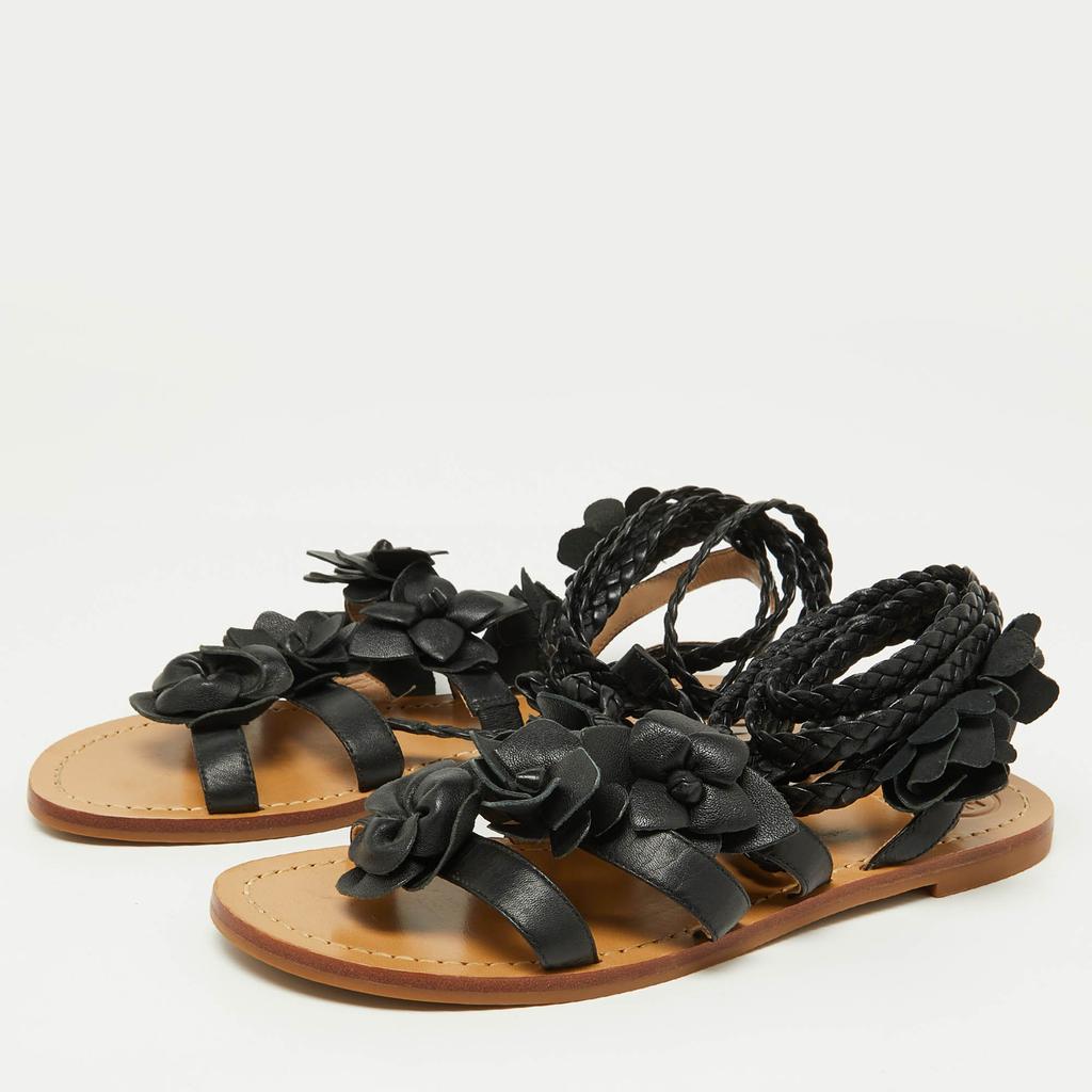 Tory Burch Tory Burch Black Leather Blossom Floral Embellished Flat Gladiator Sandals Size 37