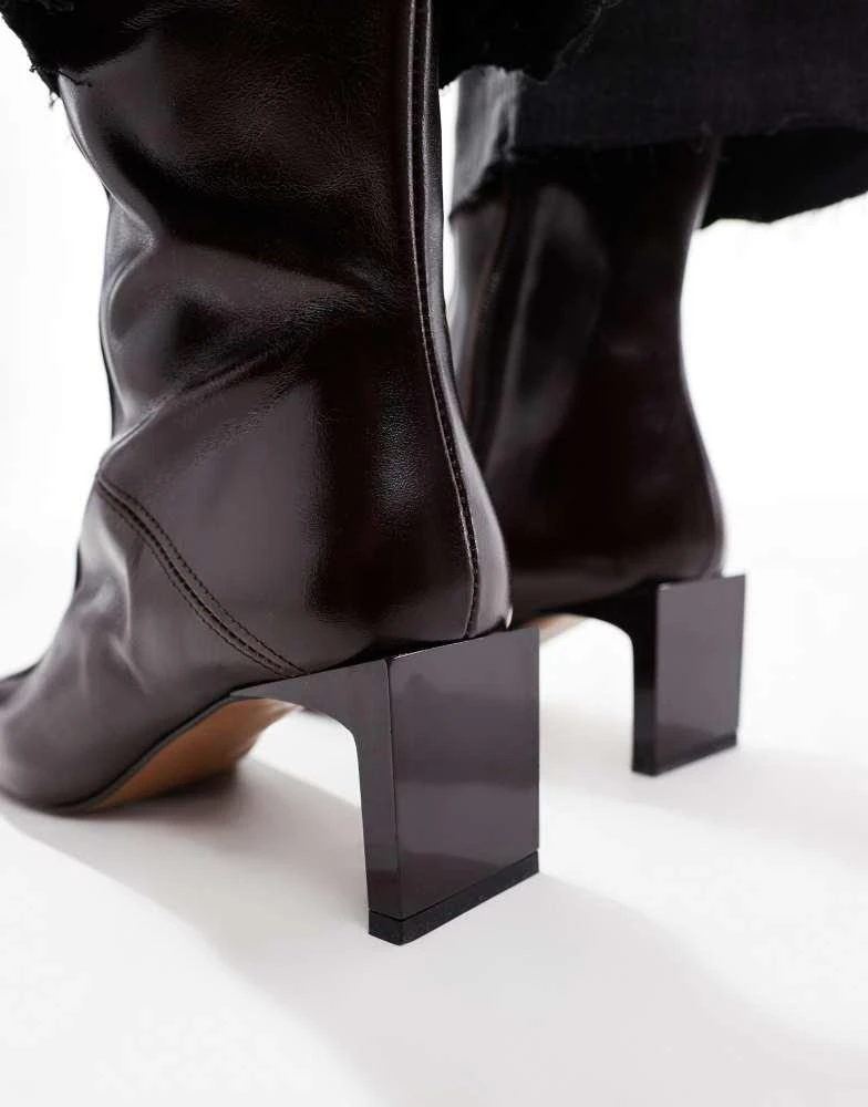 ASOS ASOS DESIGN Raine premium square toe mid-heel boots in burgundy leather 4