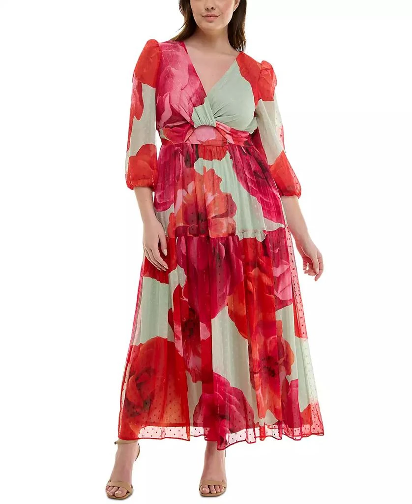 Taylor Plus Size Floral-Print Twist-Waist Tiered Dress 1