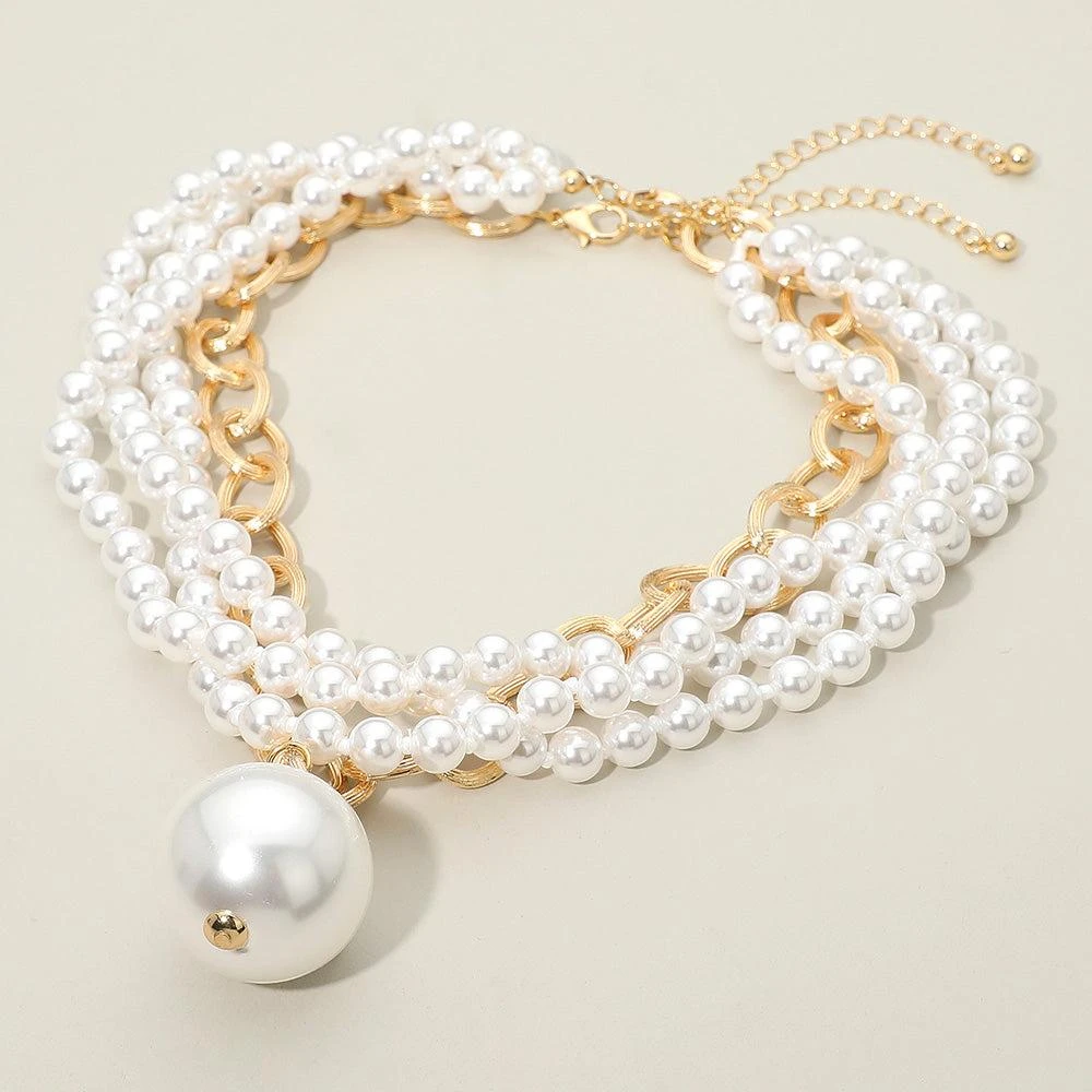 FASHNZFAB 2PCS - Chunky Pearl Pendant Layered Pearl Beaded Strand Necklaces