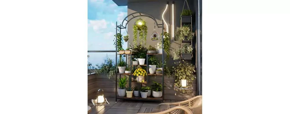 UNHO 5-Tier Tall Plant Stand Arched Metal Flower Display Holder Hanging Hooks 4