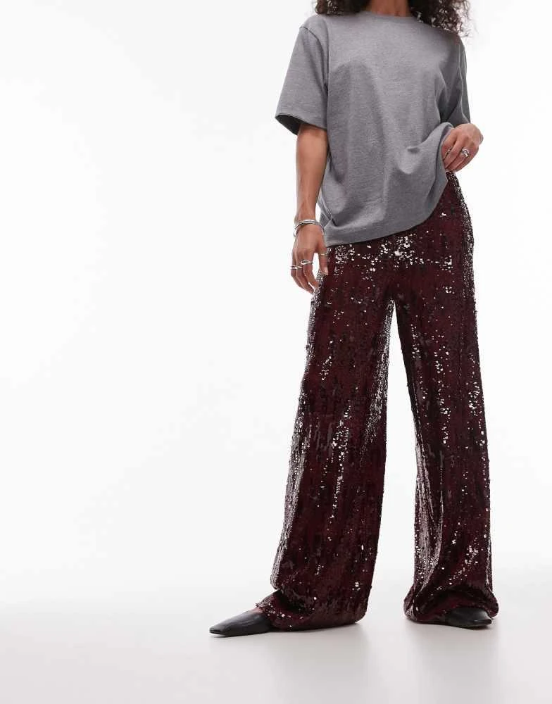 Topshop Topshop sequin wide leg trouser in burgundy 3