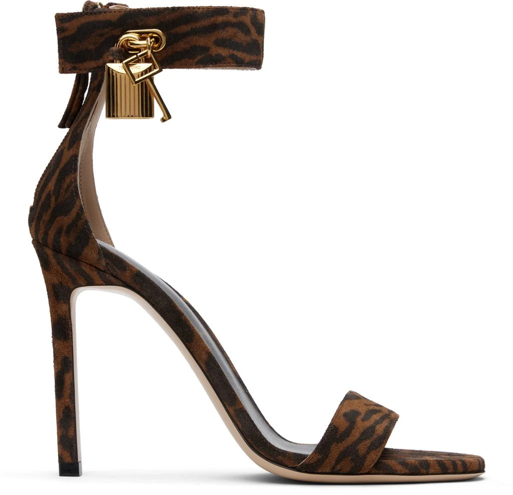 Tom Ford Brown Ocelot-Print Suede Padlock Heeled Sandals 1