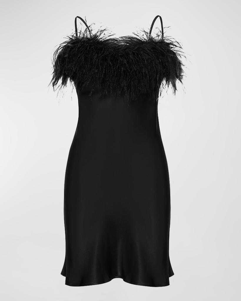 Sleeper Boheme Feather-Trim Satin Mini Slip Dress