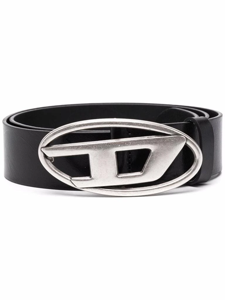 Diesel Black Leather Belt with Oval Silver-Tone Buckle