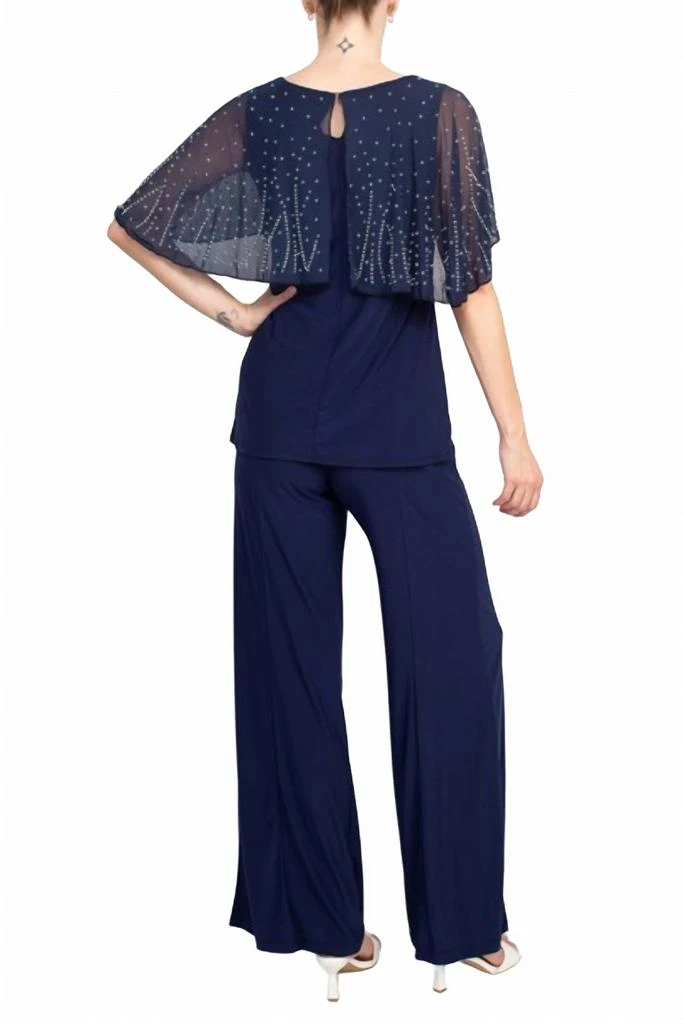 MARINA Boat Neck Embellished Capelet Sleeve Top 
Wide Leg Pant Set In Navy 3