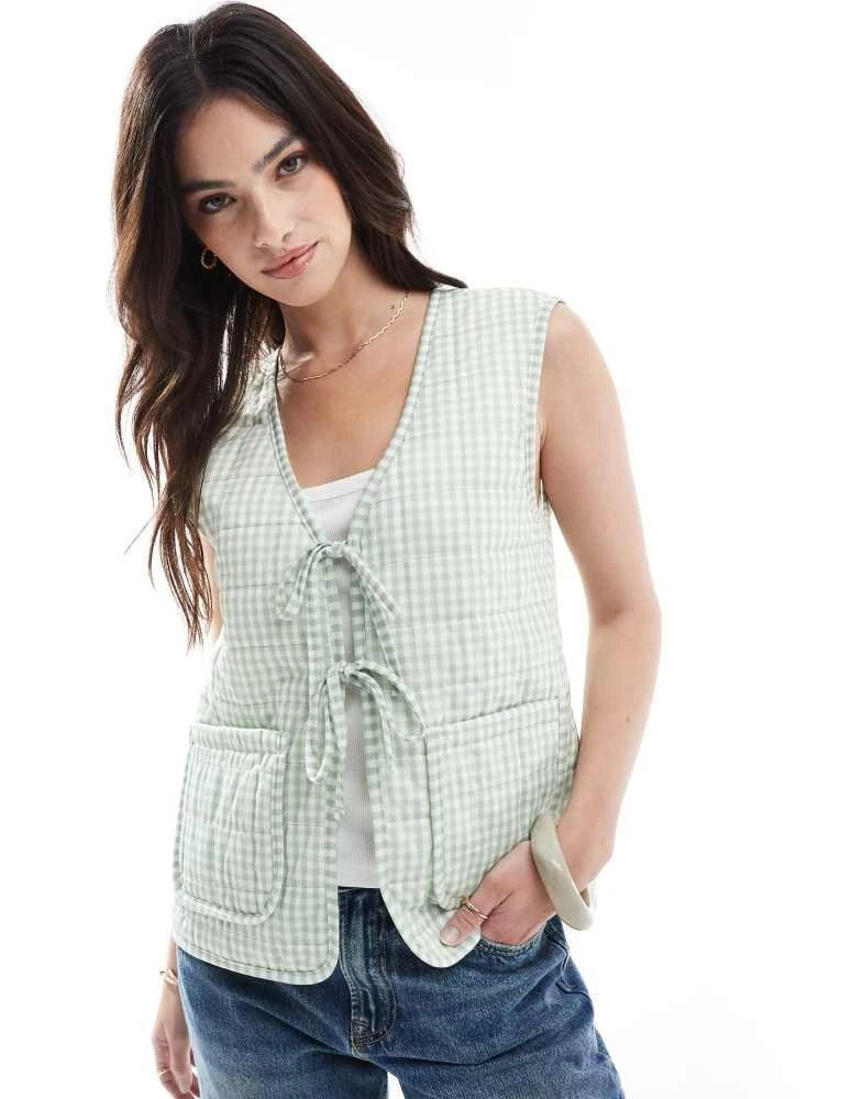 ONLY ONLY tie front quilted gilet in sage gingham check 1