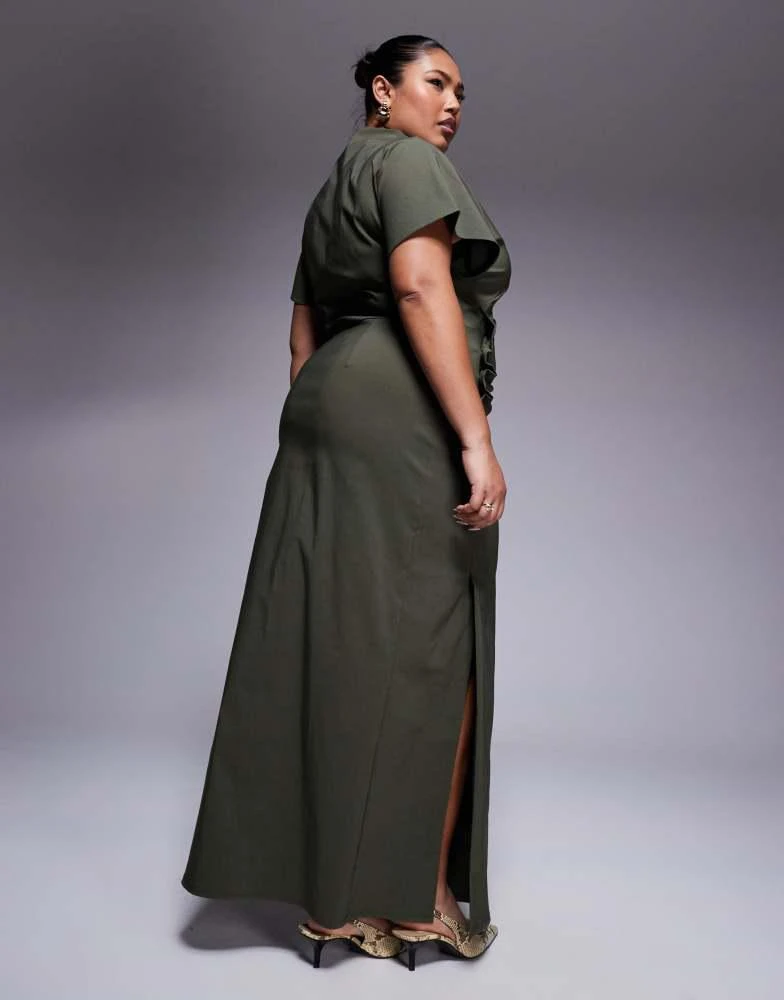 ASOS ASOS DESIGN Curve ruched waist bengaline midi dress in khaki green 3